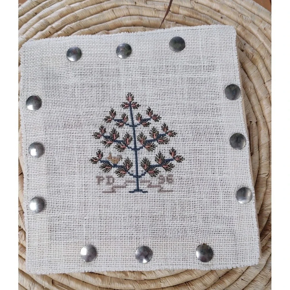 Vintage Completed Cross Stitch Tree Wood Frame Secured Brass Thumb Nails 7